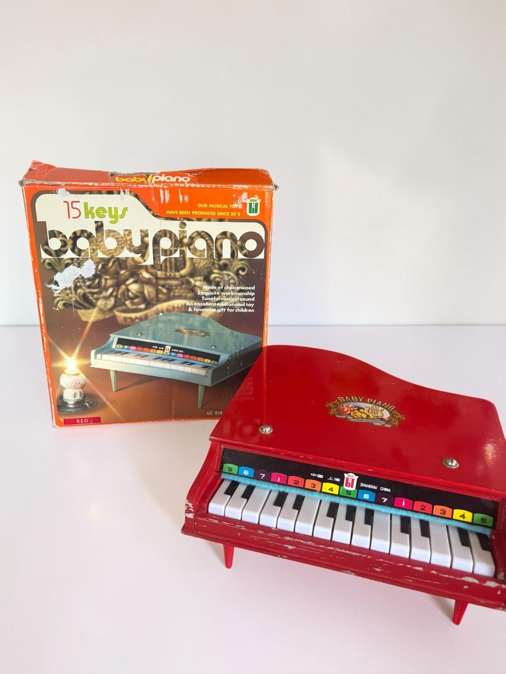 Vintage 15 Key Baby Piano Red Toy w Original Box Wooden Shanghai